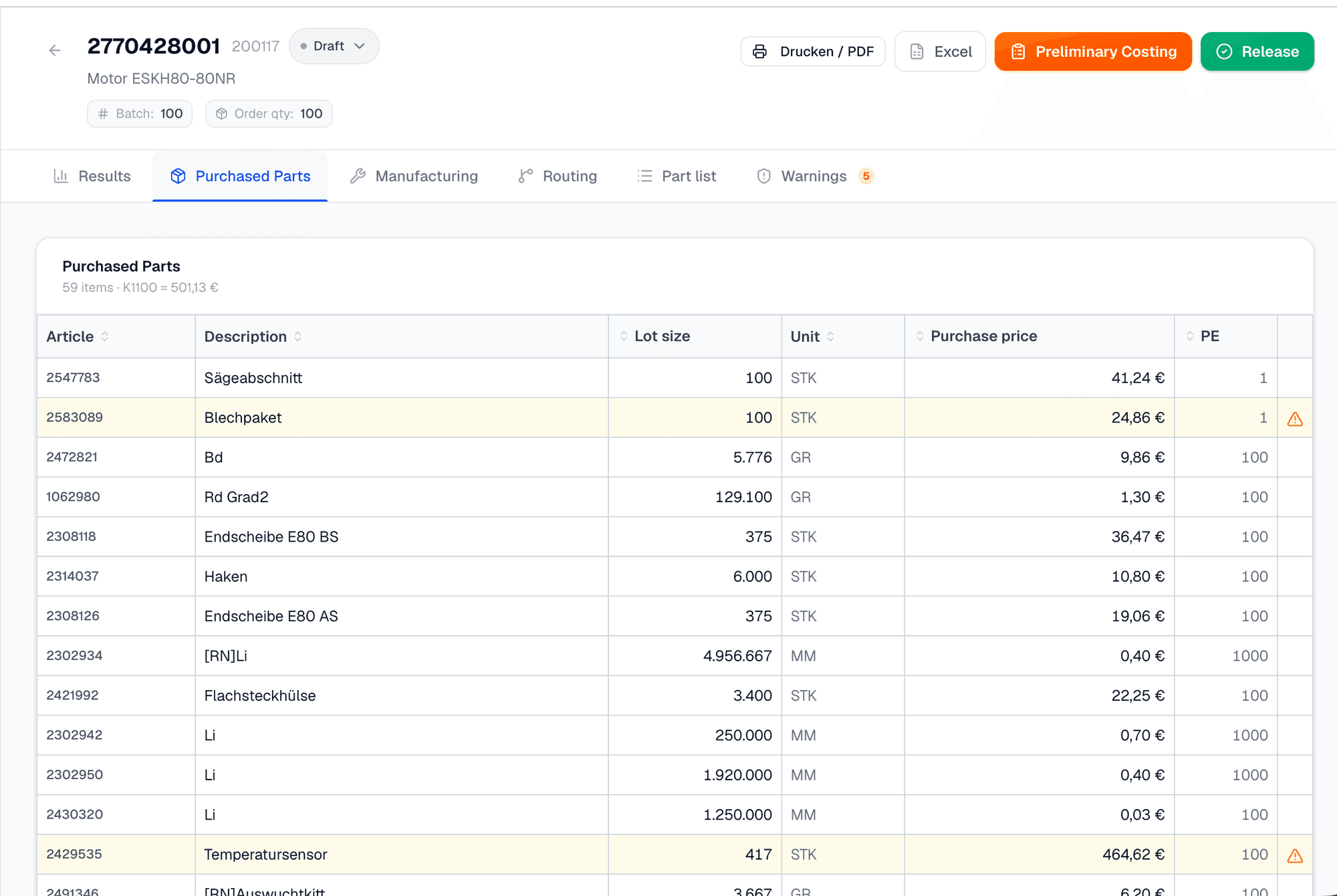 Kalkomat purchased parts list of a costing with per-article prices